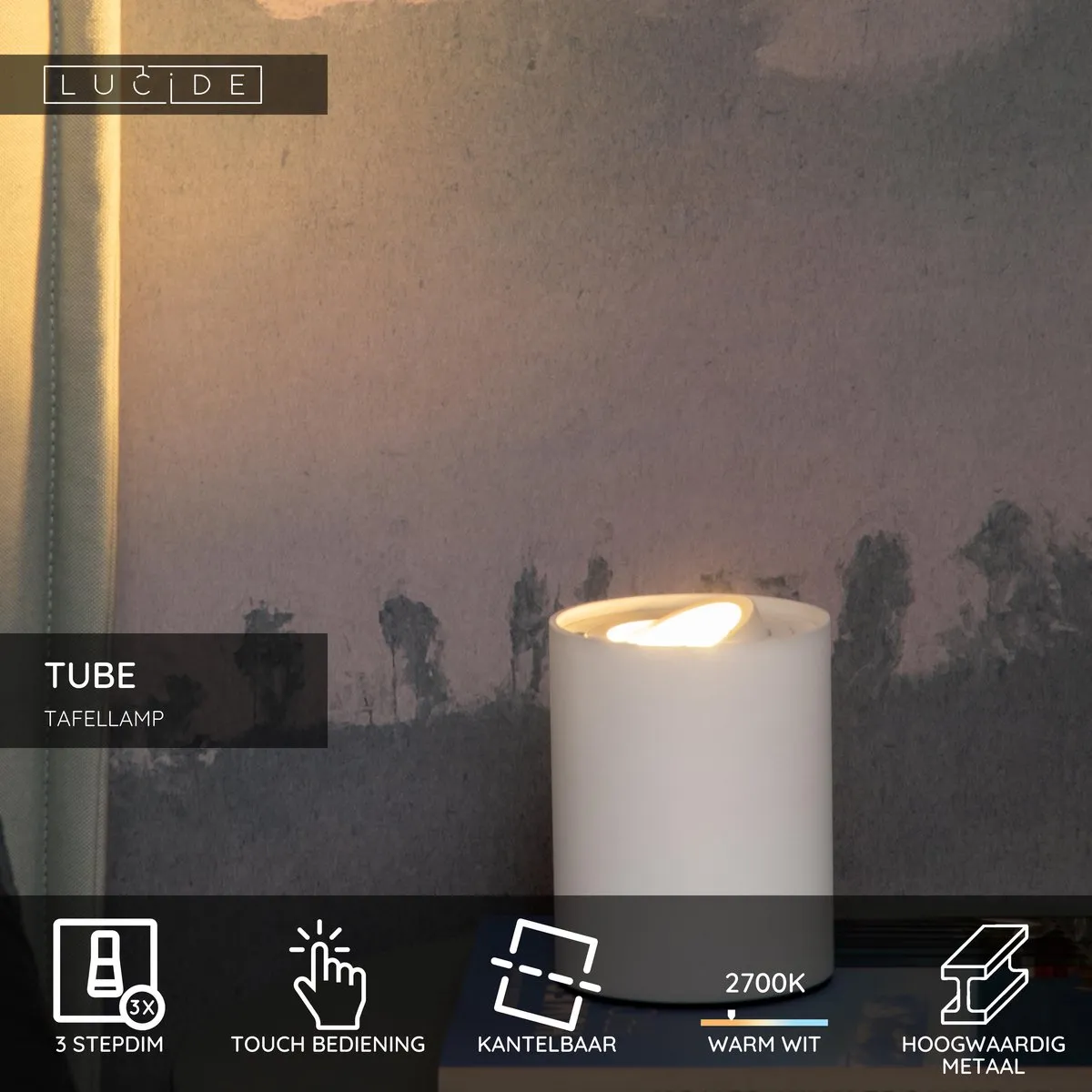 Lucide TUBE LED Tafellamp Ø9,6cm Wit - GU10 5W 2700K