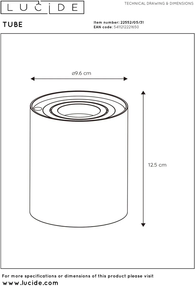 Lucide TUBE LED Tafellamp Ø9,6cm Wit - GU10 5W 2700K