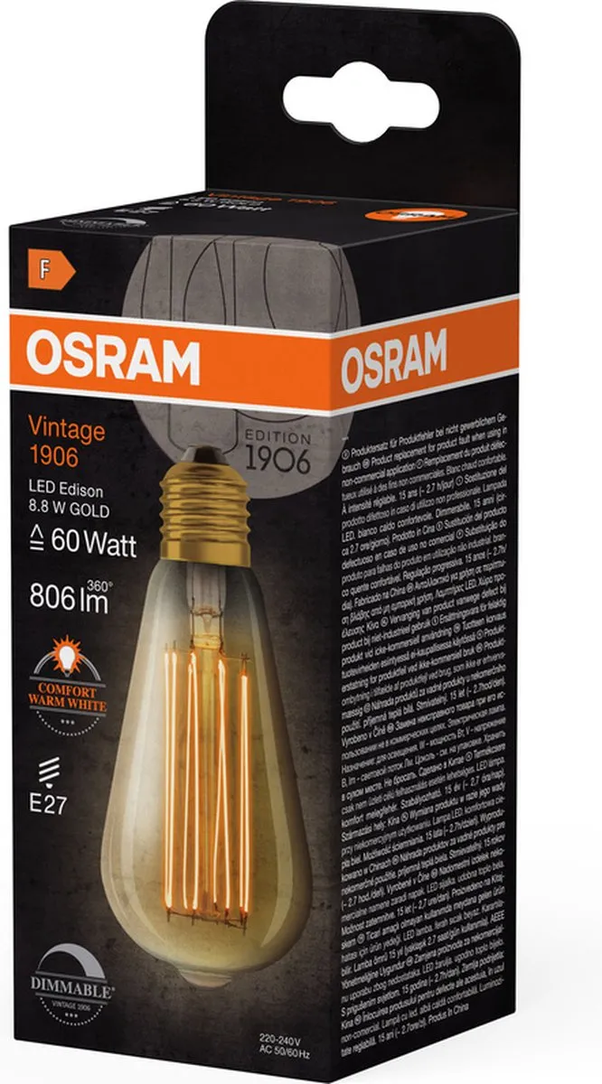 LEDVANCE Vintage 1906 LED E27 8.8W 806lm - Zeer Warm Wit 2200K