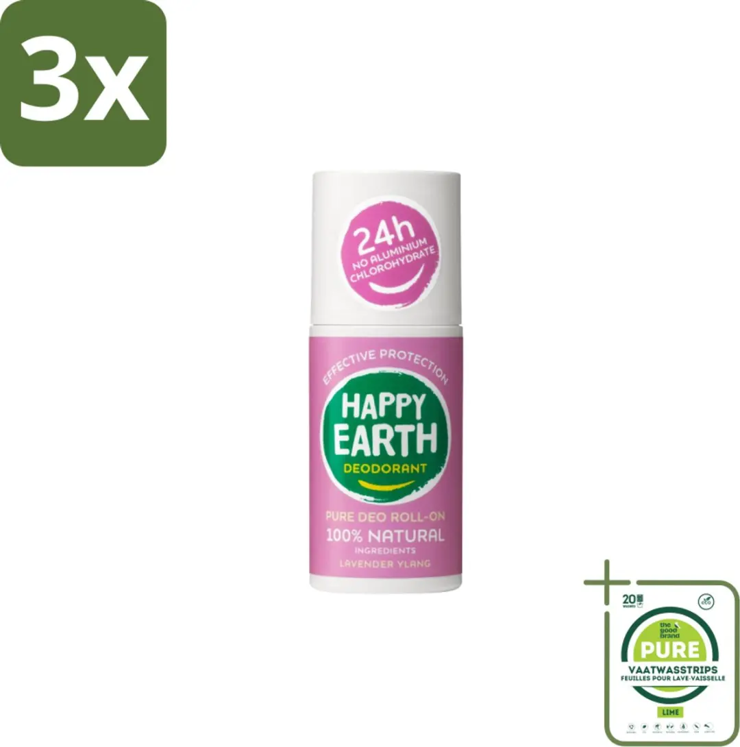 Happy Earth Deodorant Roll-On Lavender Ylang 225ml - 3 Stuks