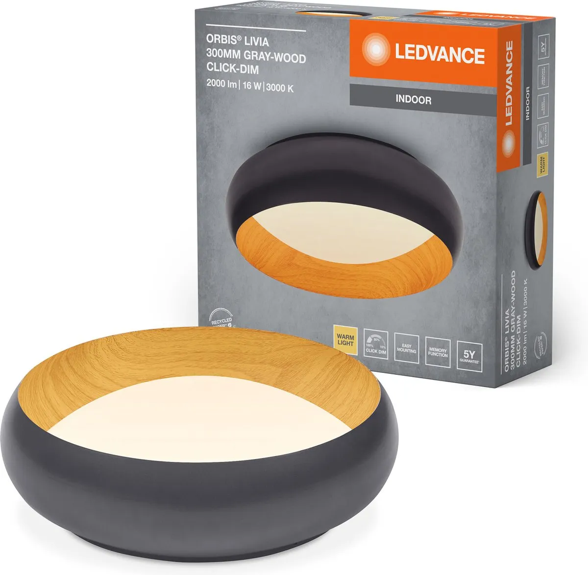 LEDVANCE Orbis Livia LED Plafondlamp 16W 750lm - Grijs/Houtdecor