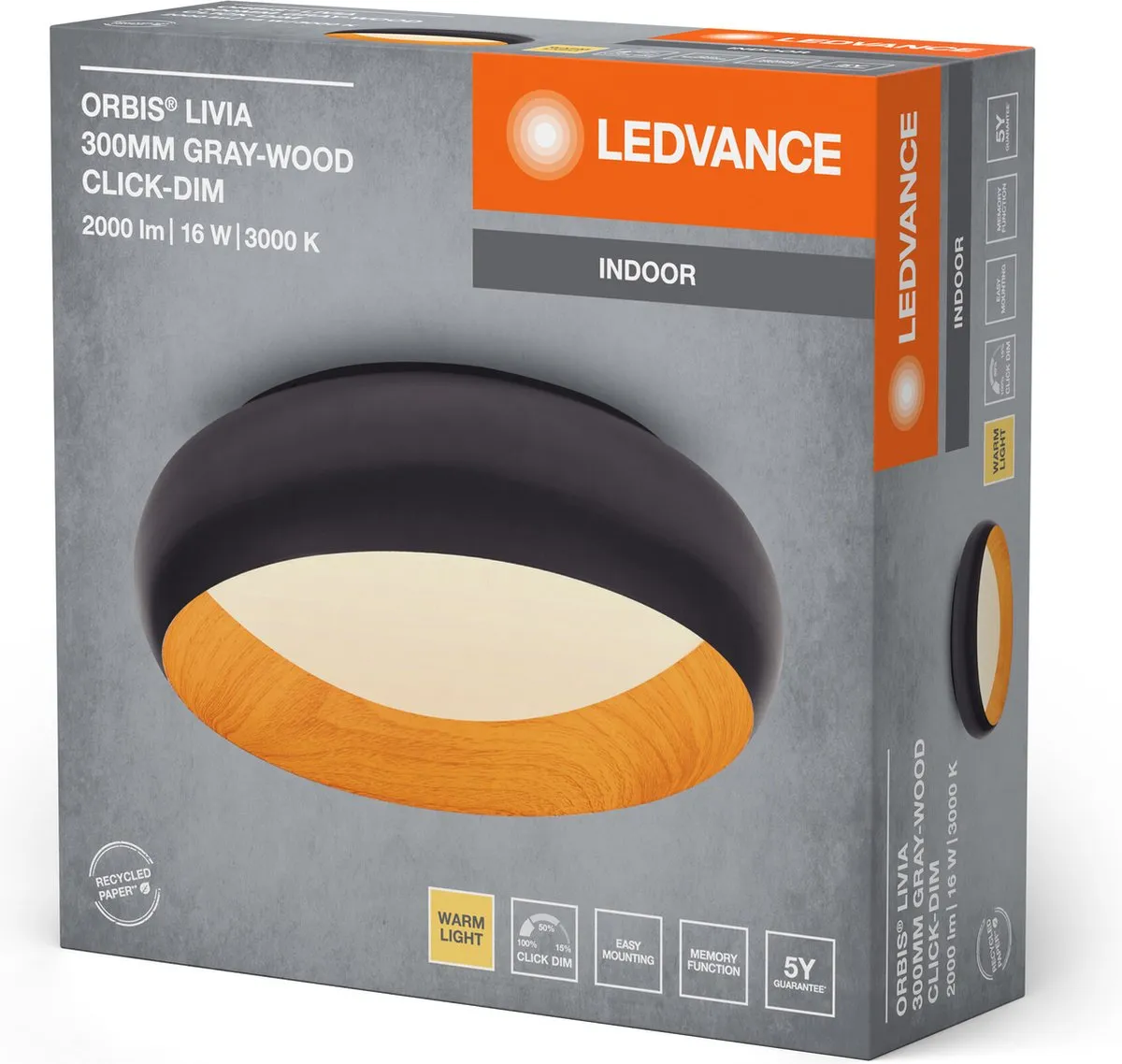 LEDVANCE Orbis Livia LED Plafondlamp 16W 750lm - Grijs/Houtdecor