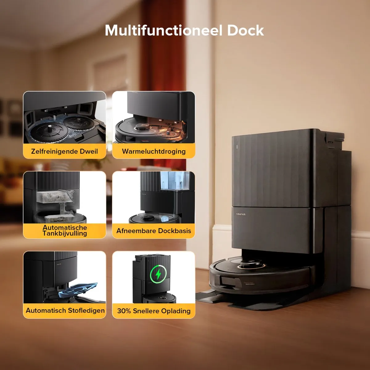 Roborock Qrevo S5V Robotstofzuiger met dock– 12000 Pa zuigkracht– FlexiArm-dweilen– Reactief obstakel vermijden – Dubbele anti-klitfunctie– Warmeluchtdroging– Obstakelvermijding en slimme navigatie– Zwart