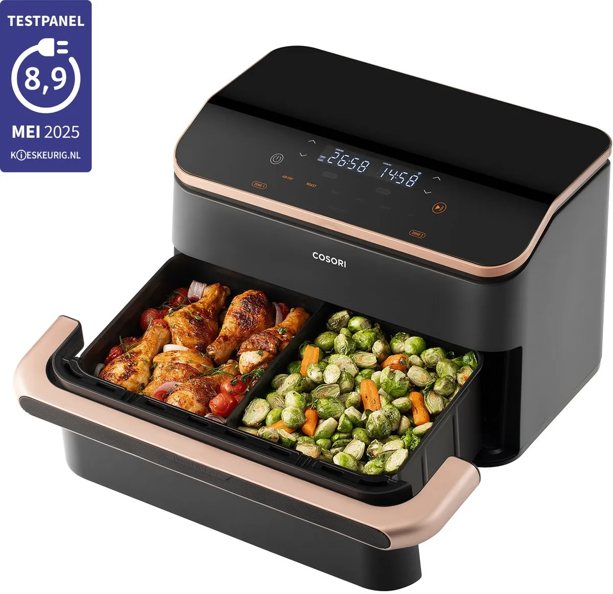 Cosori Twinfry Dubbele Airfryer XXL - Heteluchtfriteuse 10 liter - Twee kookvakken of 1 MegaZone - 6 Programma's - Boven- en Onderwarmte - Dual Zone Technologie