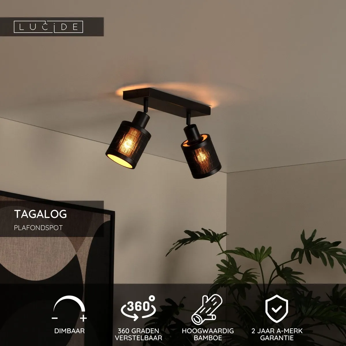 Lucide Tagalog Plafondspot 2xE27 - Zwart