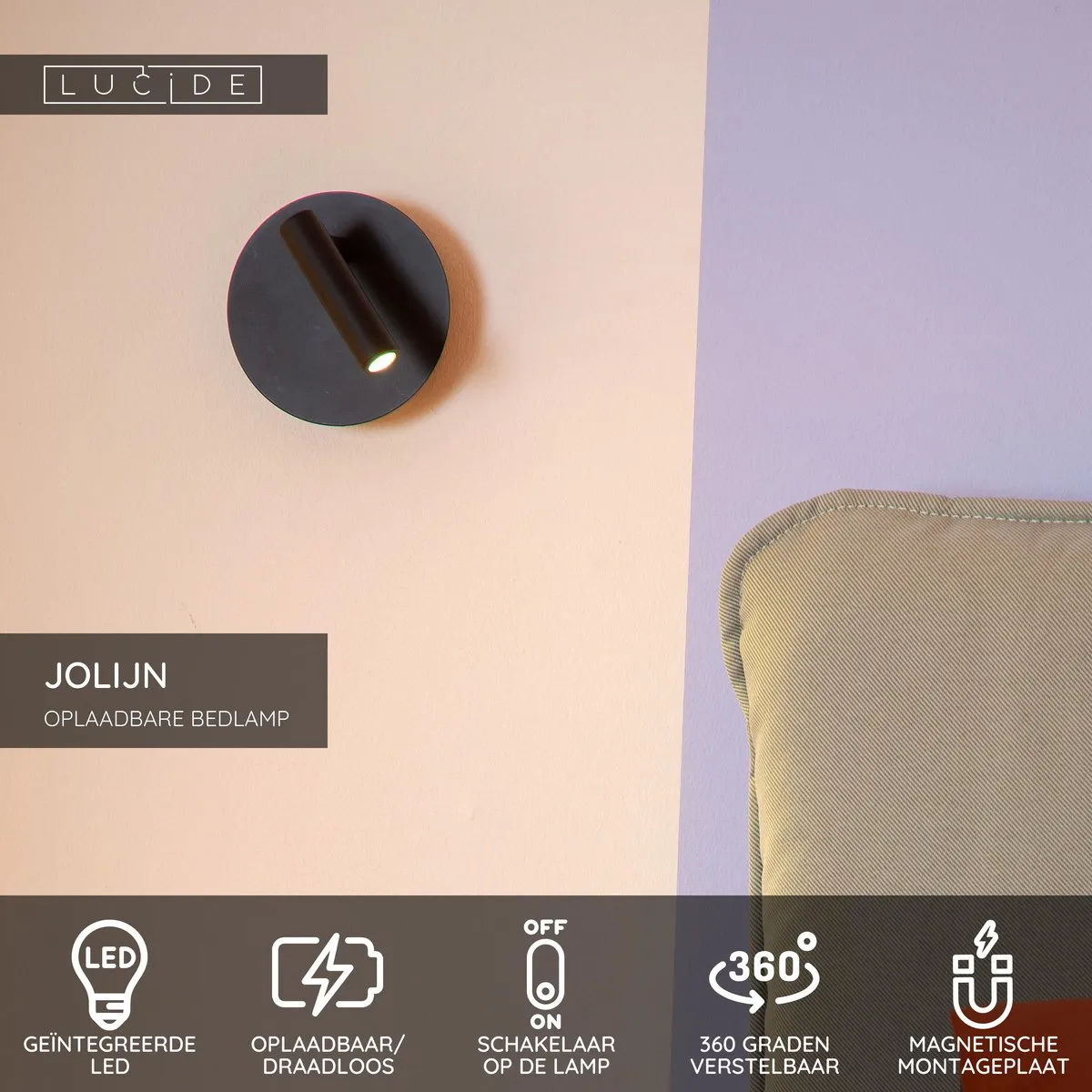 Lucide JOLIJN Oplaadbare Bedlamp - Ø10,2cm LED 3000K Magnetisch - Zwart