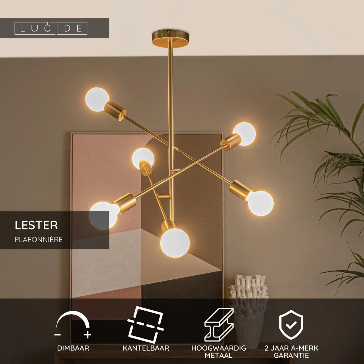 Lucide Lester Plafondlamp 6xE27 Mat Goud/Messing