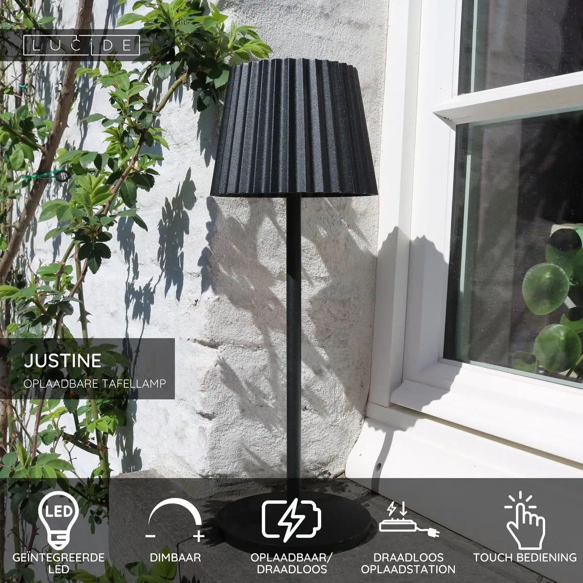 Lucide Justine Oplaadbare Tafellamp - 2W 2700K - IP54 - Zwart