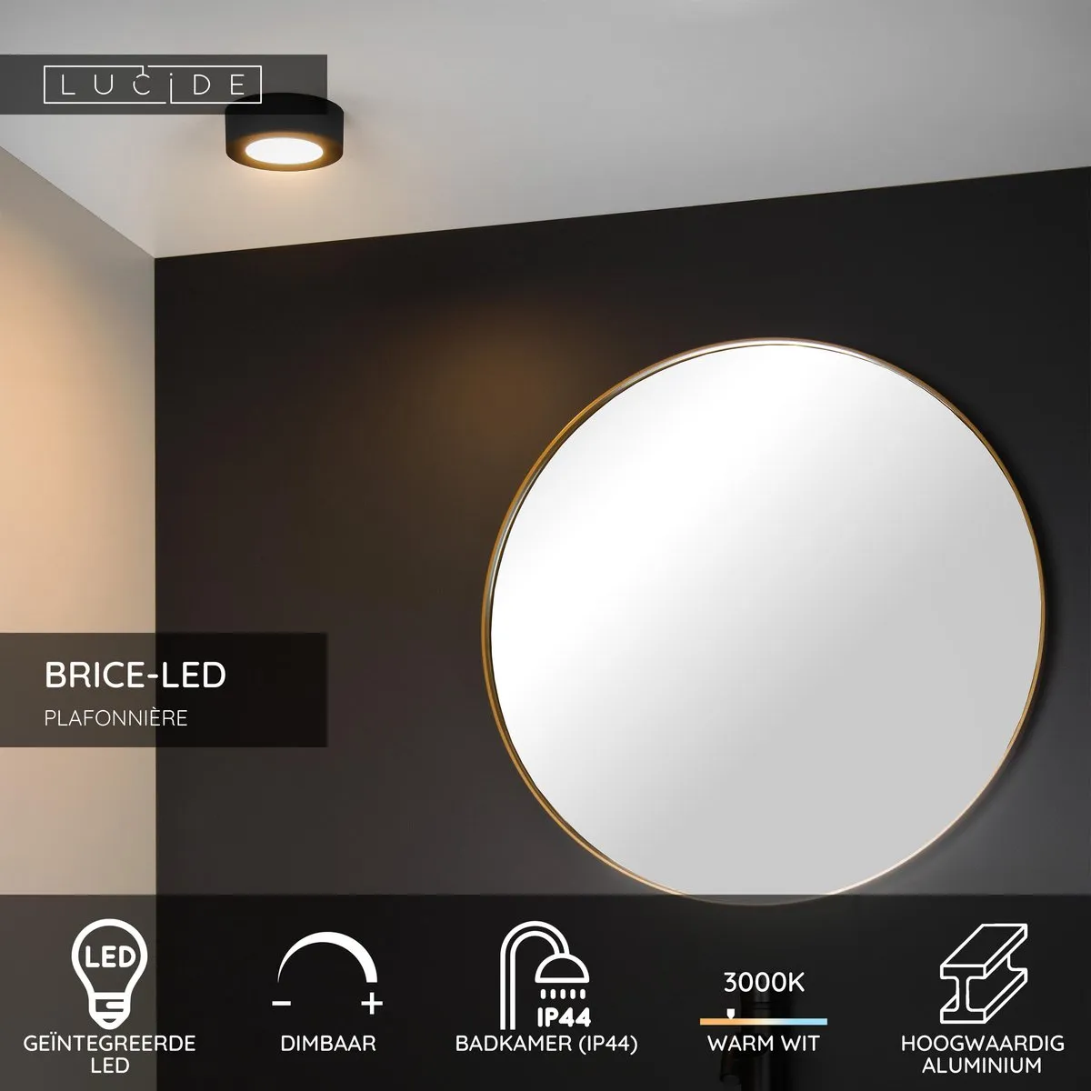 Lucide BRICE-LED Plafondlamp Badkamer 8W - Zwart