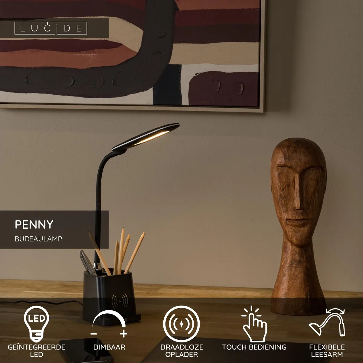 Lucide PENNY Bureaulamp - LED 4,7W 3000K - Draadloos opladen - Zwart