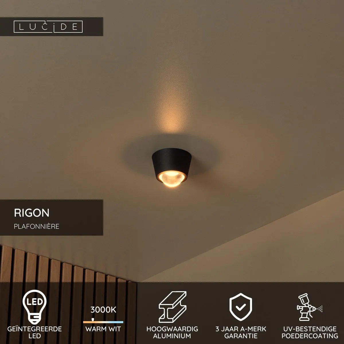 Lucide Rigon Plafondlamp Ø9cm - 6W 3000K Zwart
