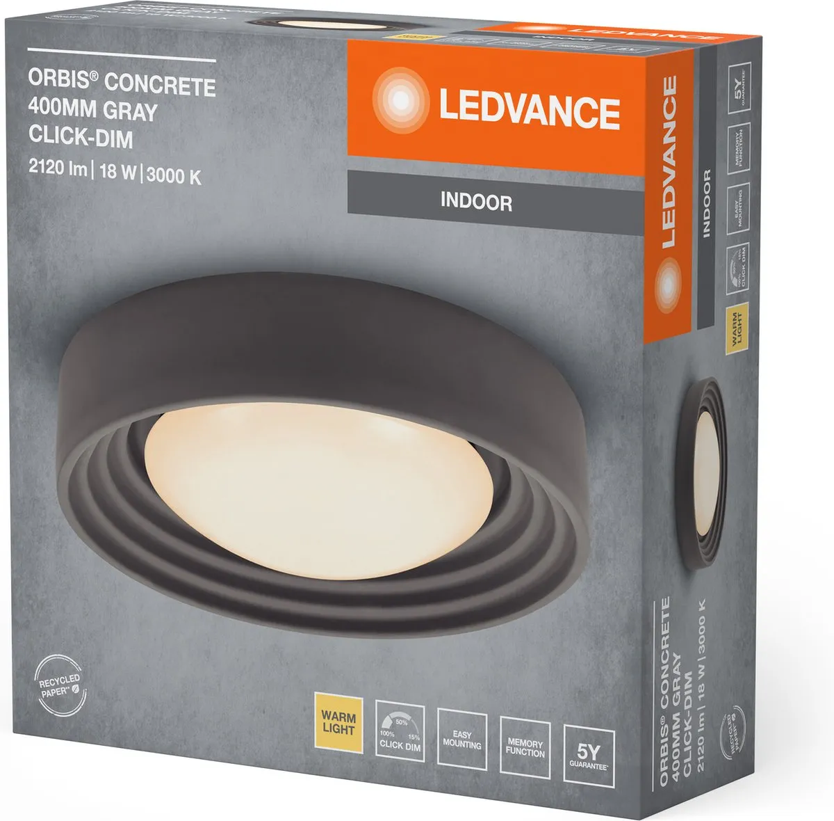 LEDVANCE Orbis Concrete Plafondlamp 18W 1500lm - Grijs