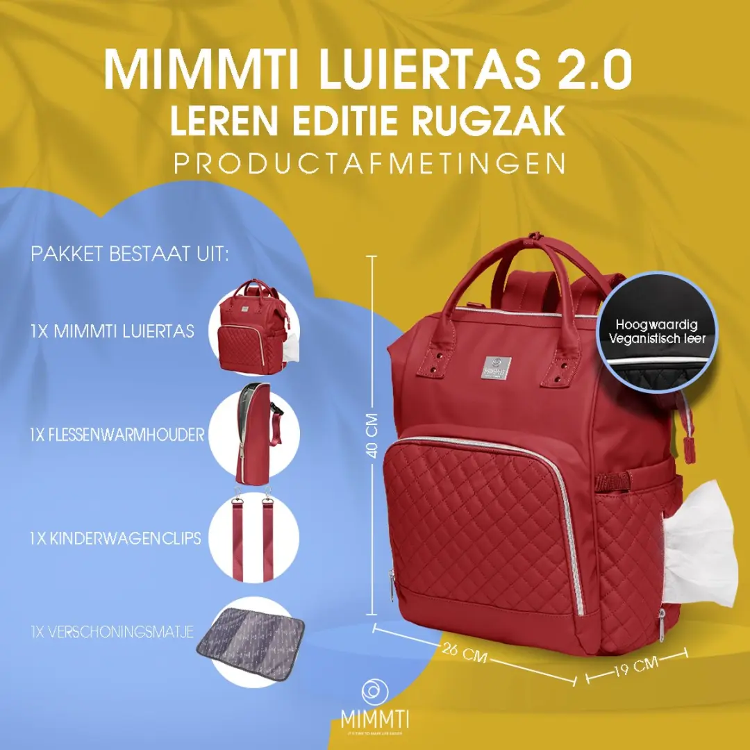 Mimmti Leren Luiertas Rugzak 2.0 Cherry - Inclusief Verschoonmat & Flessenwarmhouder