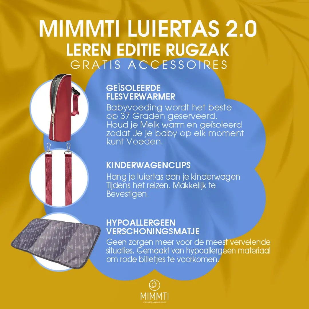 Mimmti Leren Luiertas Rugzak 2.0 Cherry - Inclusief Verschoonmat & Flessenwarmhouder