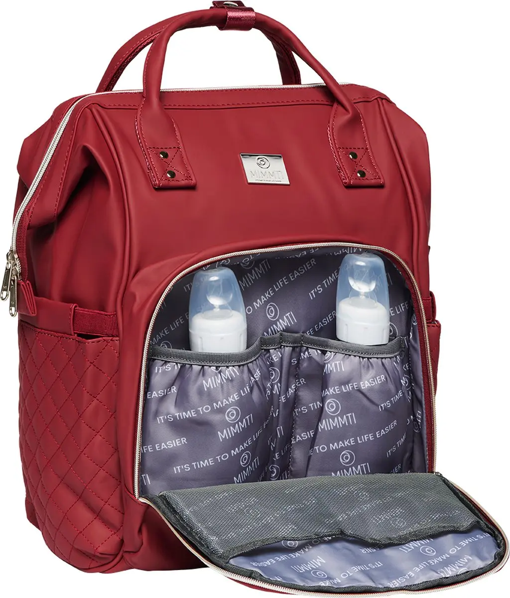 Mimmti Leren Luiertas Rugzak 2.0 Cherry - Inclusief Verschoonmat & Flessenwarmhouder