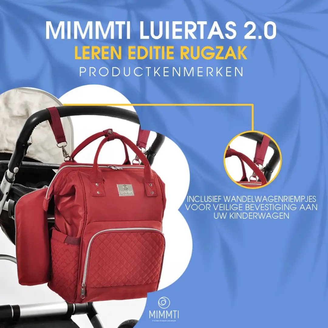 Mimmti Leren Luiertas Rugzak 2.0 Cherry - Inclusief Verschoonmat & Flessenwarmhouder