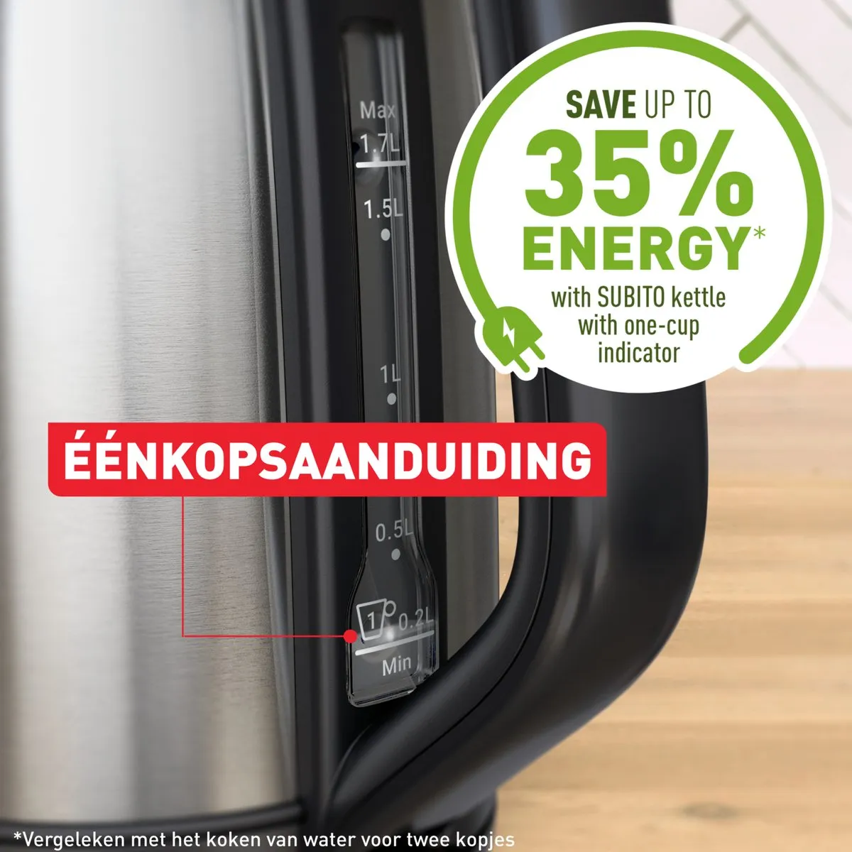 Tefal Subito KO5S0D - Waterkoker - 1,7L - Modern Design - 1-kopsindicator - Uitneembaar Antikalkfilter - 2400W - RVS