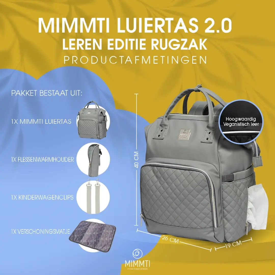 Mimmti Leren Luiertas Rugzak 2.0 - Grijs