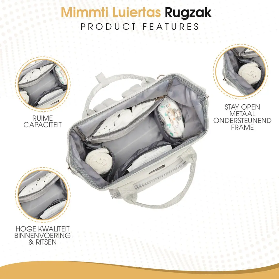 Mimmti Luiertas Rugzak NanaBeebi Lichtgrijs - Flessenwarmhouder & Kinderwagenhaken