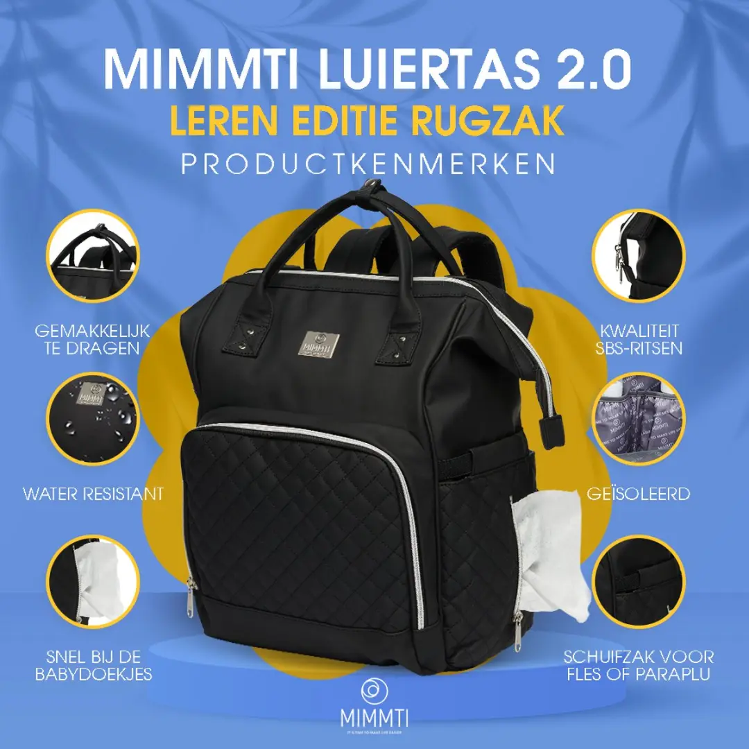 Mimmti Leren Luiertas Rugzak 2.0 - Zwart - Inclusief flessenwarmhouder