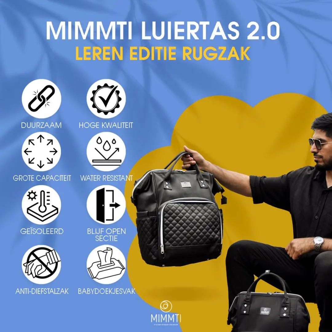 Mimmti Leren Luiertas Rugzak 2.0 - Zwart - Inclusief flessenwarmhouder - afbeelding 6 van 6