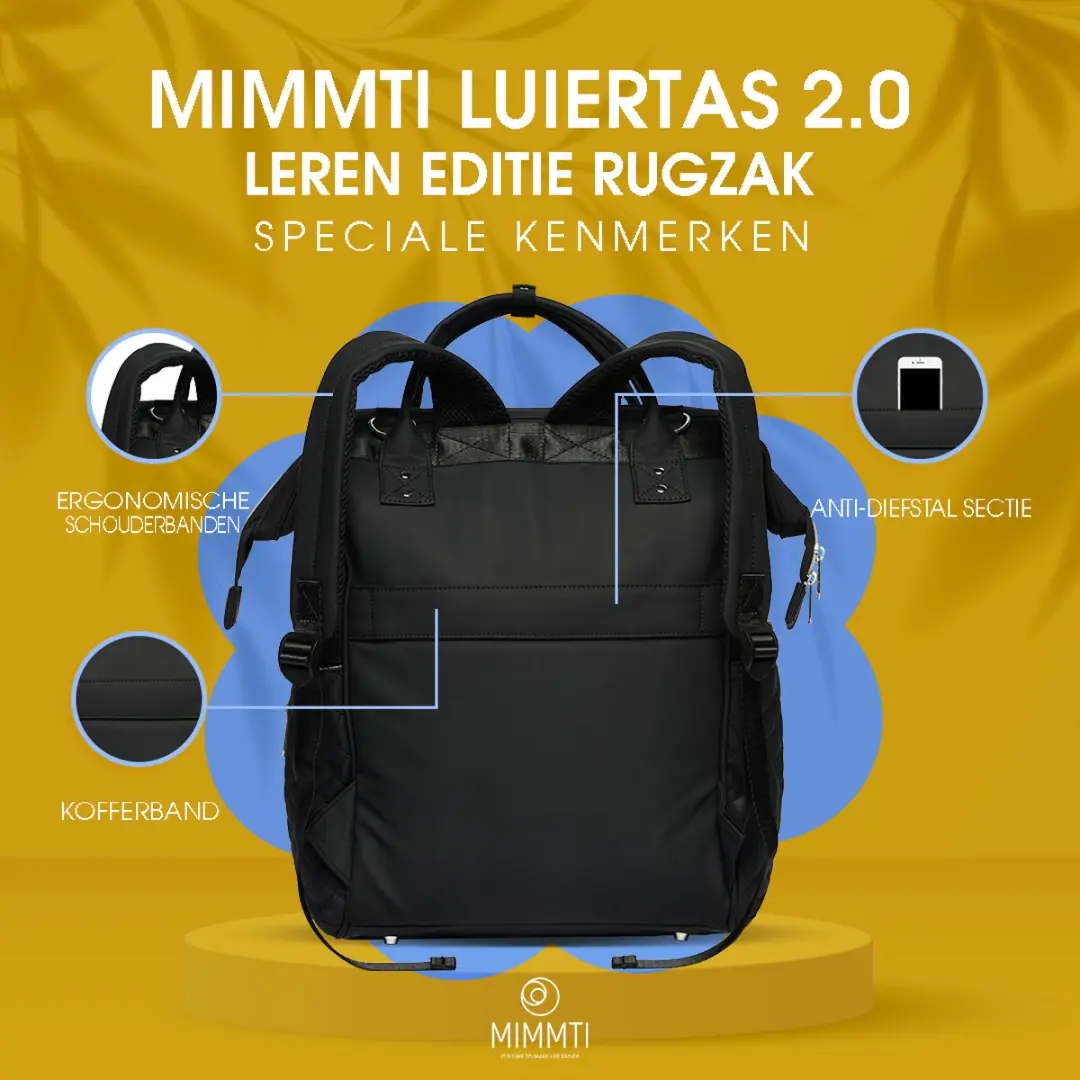 Mimmti Leren Luiertas Rugzak 2.0 - Zwart - Inclusief flessenwarmhouder