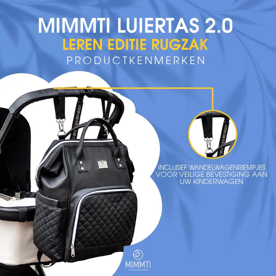 Mimmti Leren Luiertas Rugzak 2.0 - Zwart - Inclusief flessenwarmhouder