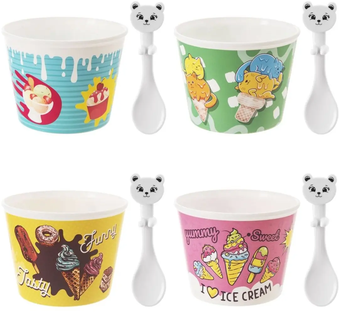 Orion Kinderservies Set - 8 Stuks - 4 Pucharki & Lepeltjes - Diverse Kleuren
