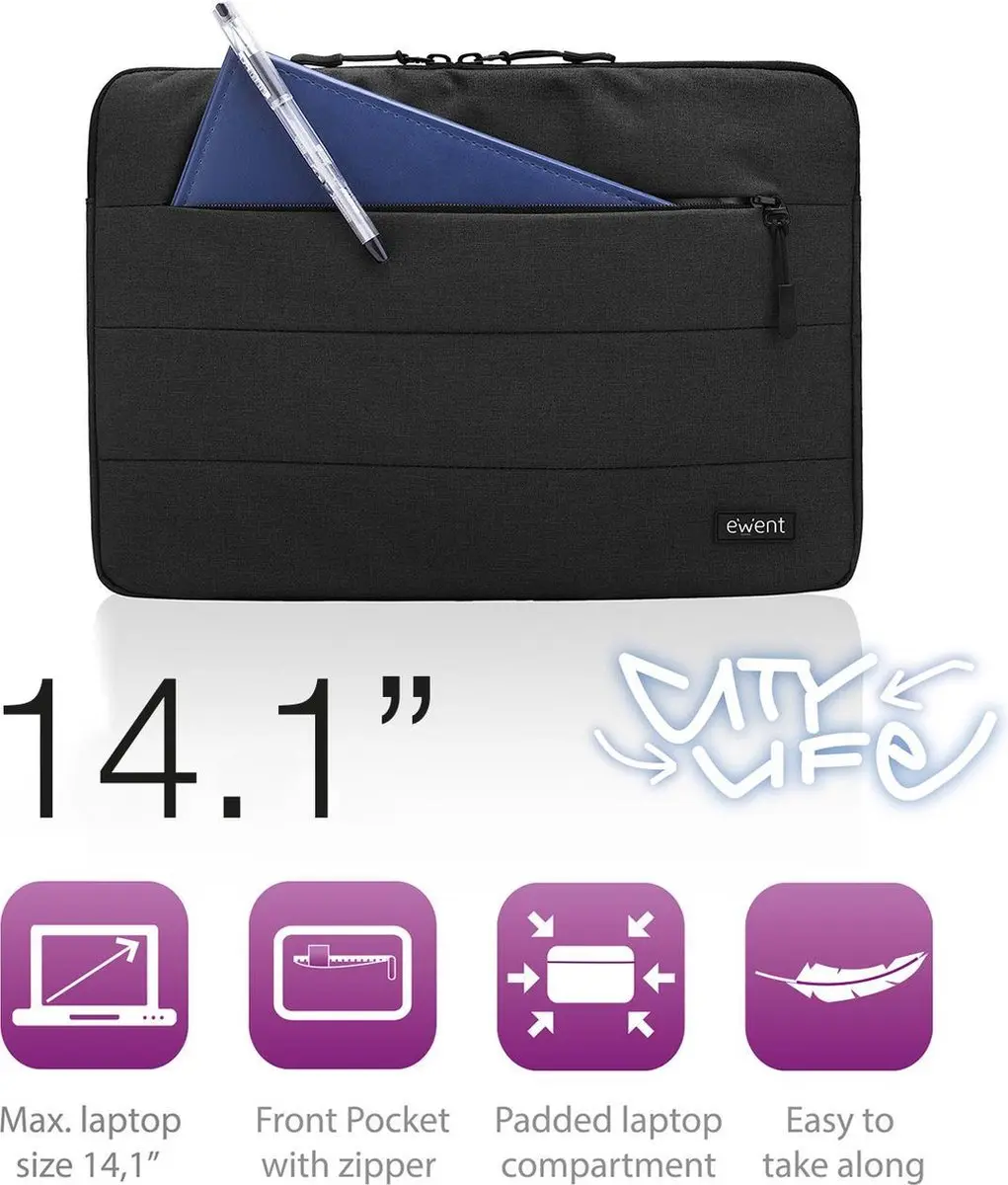 Ewent City Sleeve 14.1 inch - Zwart