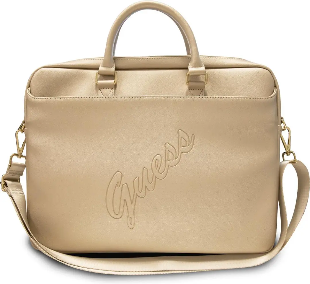 Guess Saffiano Vintage Script Laptop Tas 16" - Goud