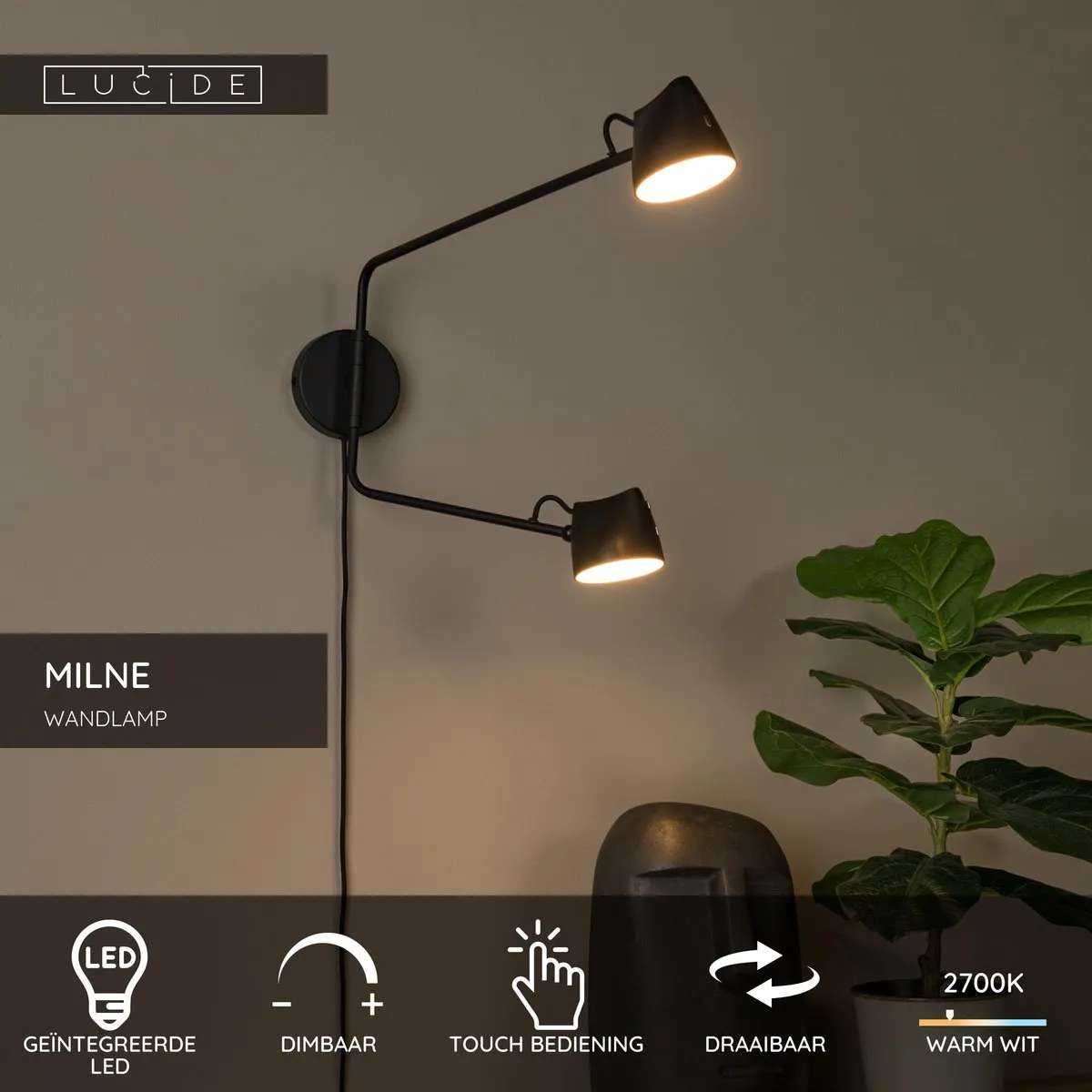 Lucide Milne Wandlamp LED 2x8W 2700K - Zwart