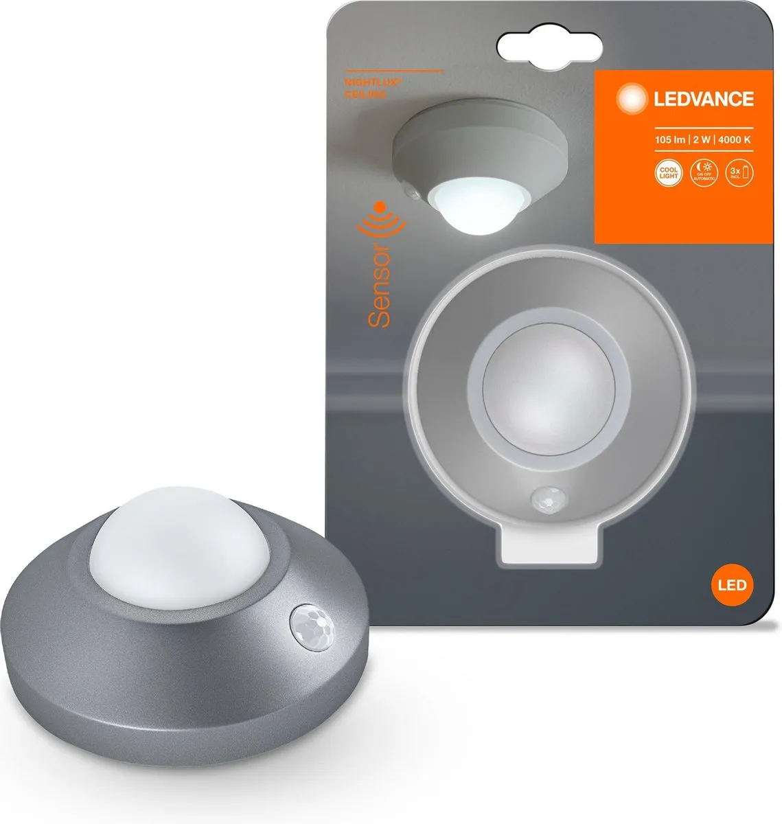 LEDVANCE NIGHTLUX Ceiling LED Armatuur 1.7W - Koelwit 4000K - Ø8.6cm - Zilver