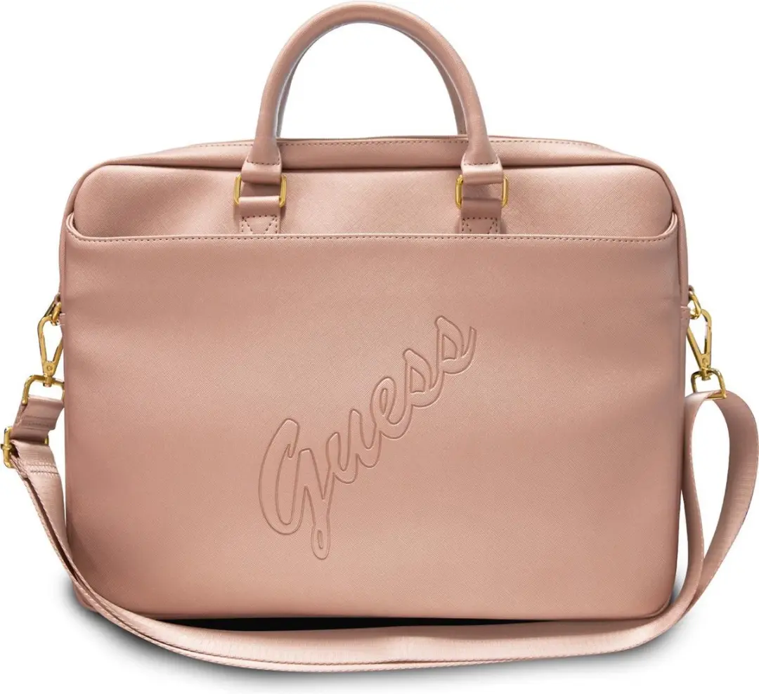 Guess Saffiano Vintage Script Laptop Tas 16 inch - Roze
