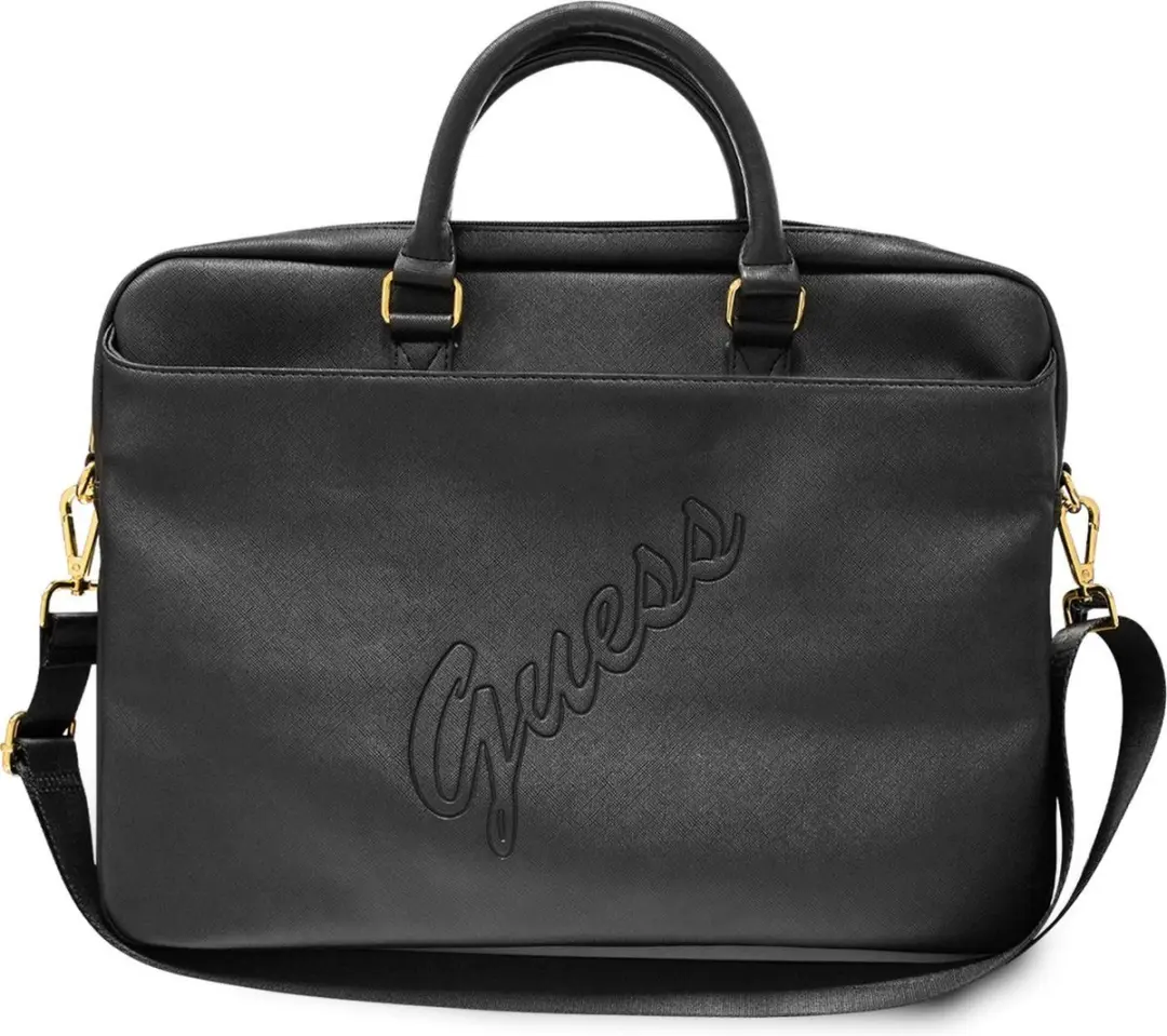 GUESS Saffiano Vintage Script Laptop Tas 16" - Zwart