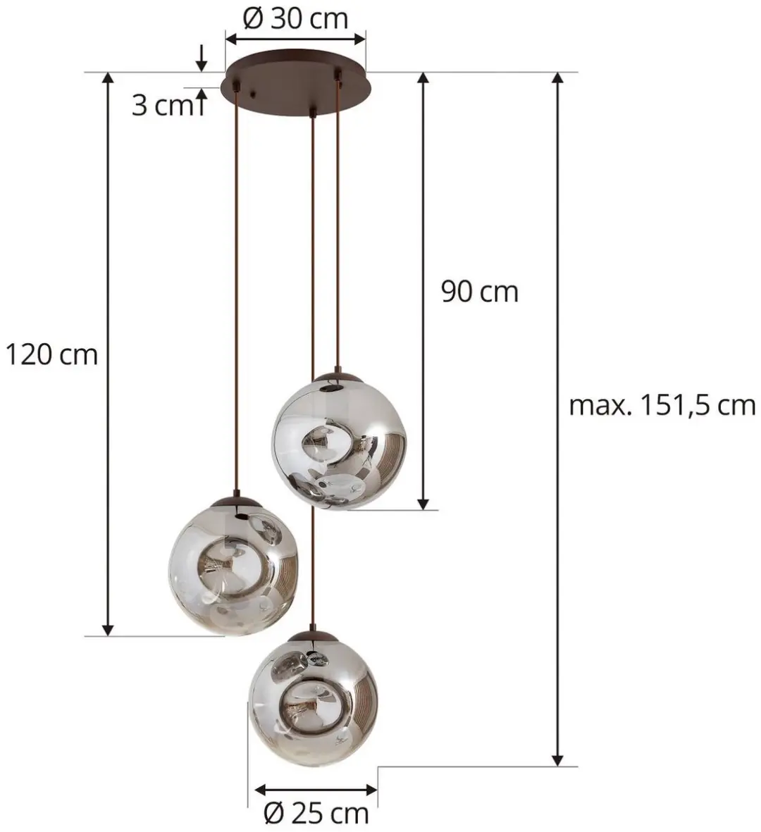 Lindby Hanglamp 3-lichts Glas - rookgrijs/koffie