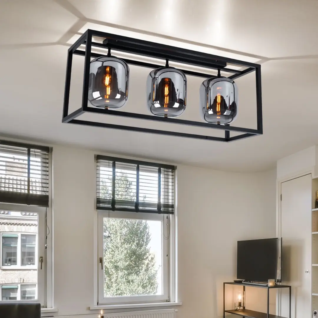 Globo Plafondlamp 3 Vlammen Rookkleurig Glas - Zwart