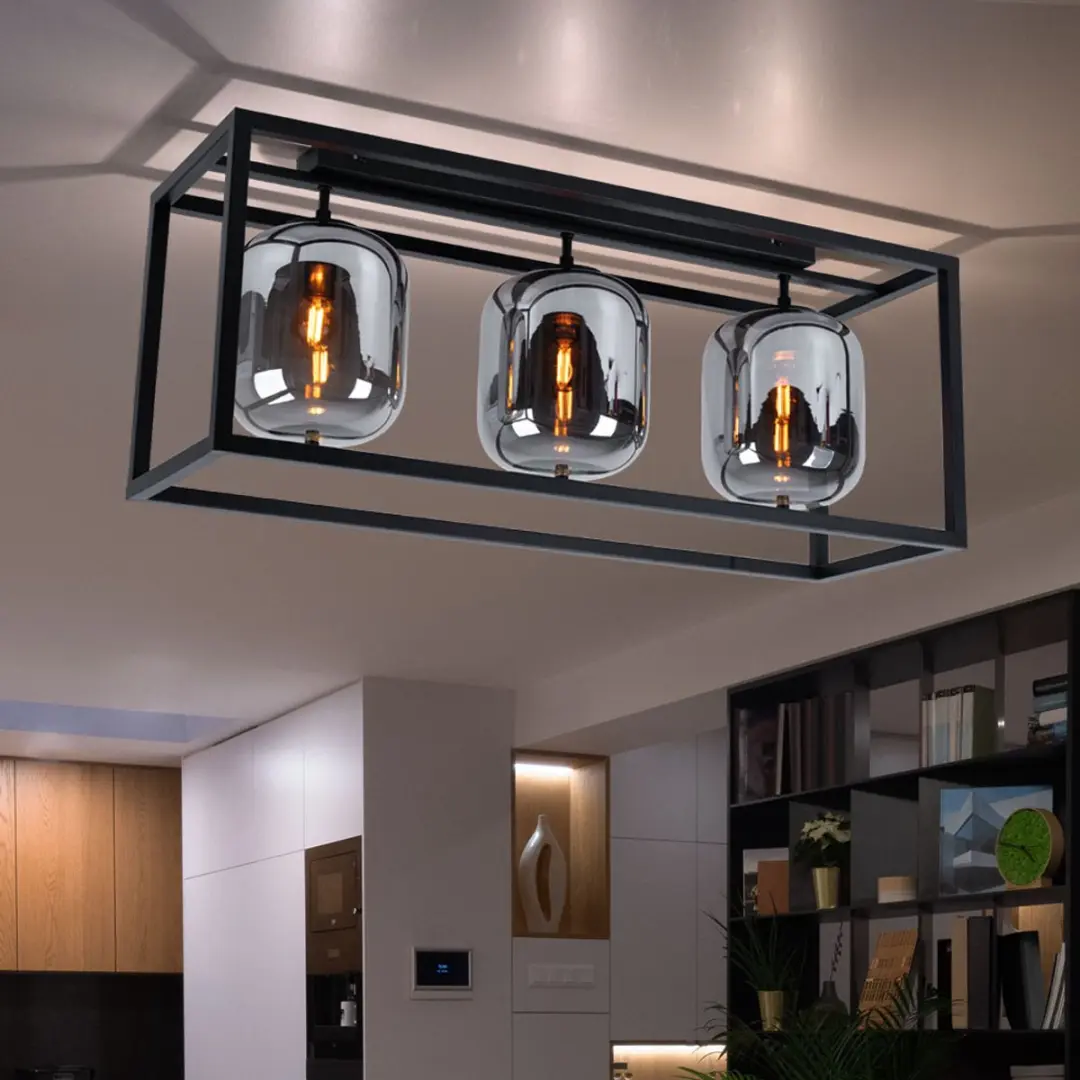 Globo Plafondlamp 3 Vlammen Rookkleurig Glas - Zwart