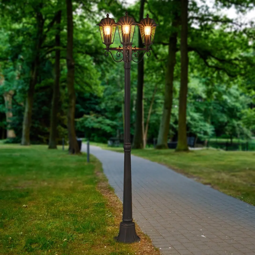 Lindby Lantaarnpaal 3-licht Aluminium - 172cm - E27 - Zwart-roest/Heldere kap - afbeelding 6 van 6