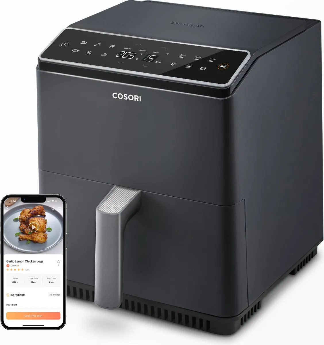 Cosori Dual Blaze II Airfryer - XXL Heteluchtfriteuse 6.4 liter - 12 programma's - Boven & onderwarmte - App connectie - Antraciet