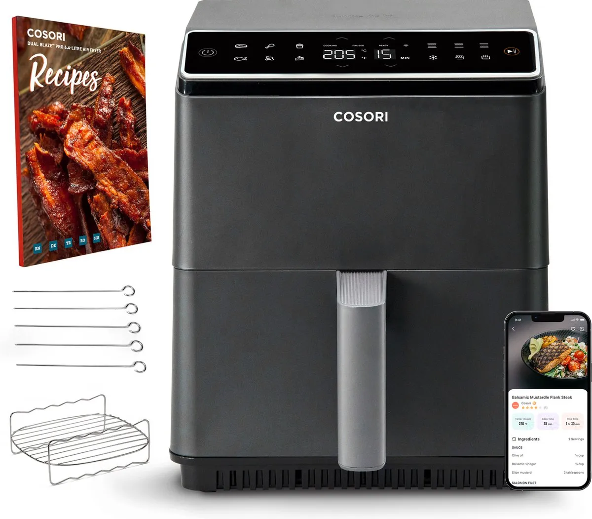 Cosori Dual Blaze II Airfryer - XXL Heteluchtfriteuse 6.4 liter - 12 programma's - Boven & onderwarmte - App connectie - Antraciet