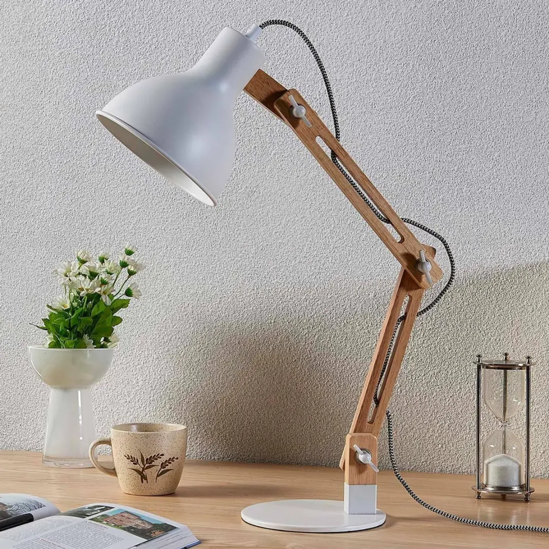 Lindby Bureaulamp Shivanja+ - 15W - H46cm - Wit/Essenhout