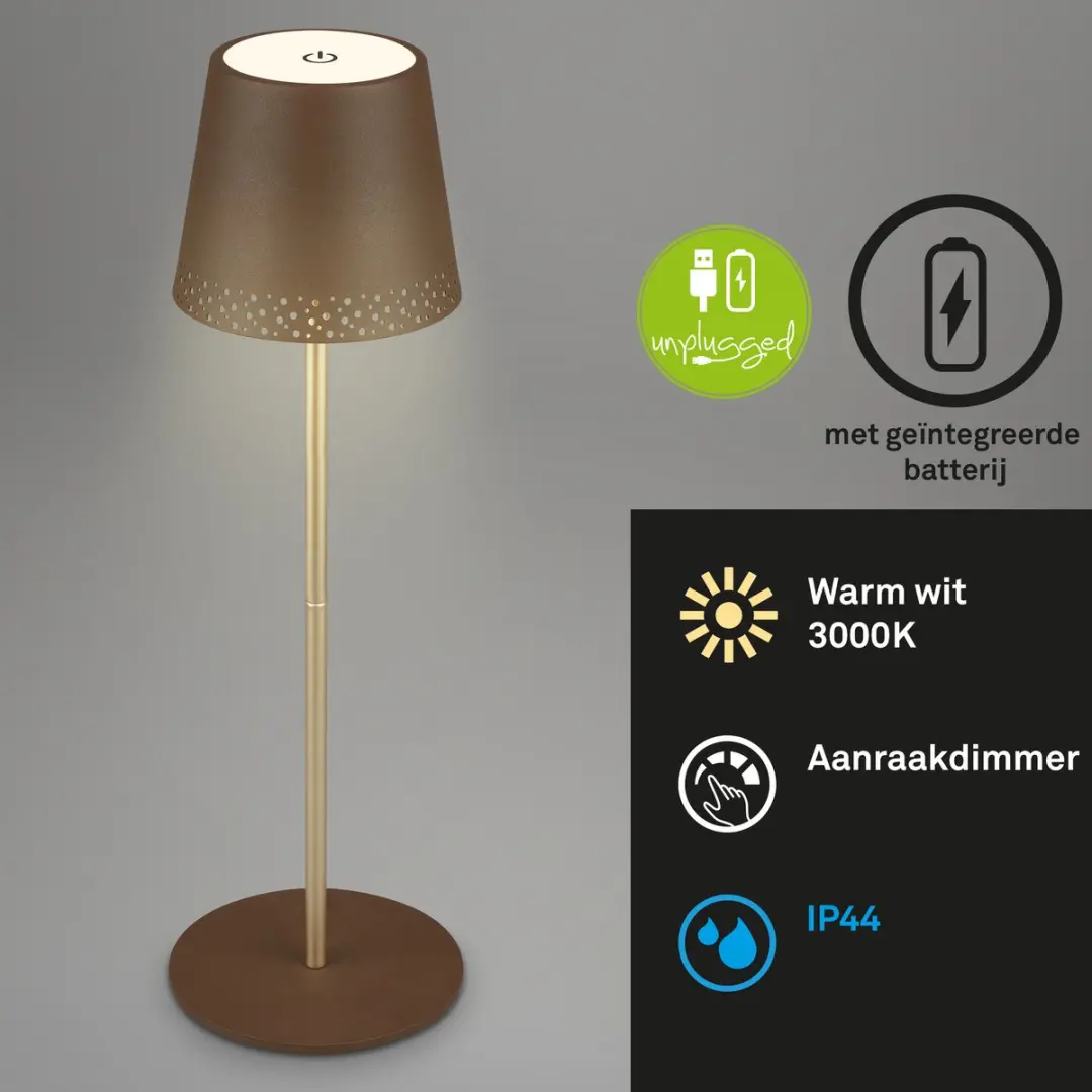 Briloner Kiki Oplaadbare Tafellamp - Ø12cm - Bruin & Goud