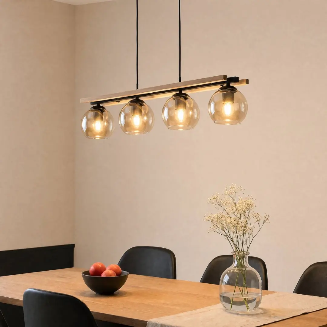 Lindby Enrique Hanglamp 4-Lichts - Glas/Metalen Hanger - Amber/Zwart/Licht Eiken