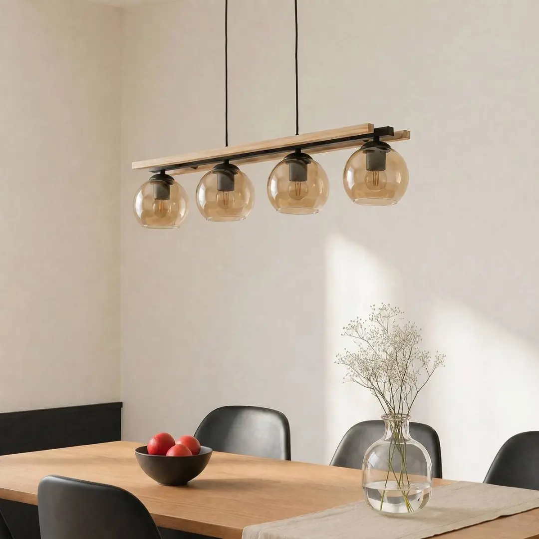 Lindby Enrique Hanglamp 4-Lichts - Glas/Metalen Hanger - Amber/Zwart/Licht Eiken