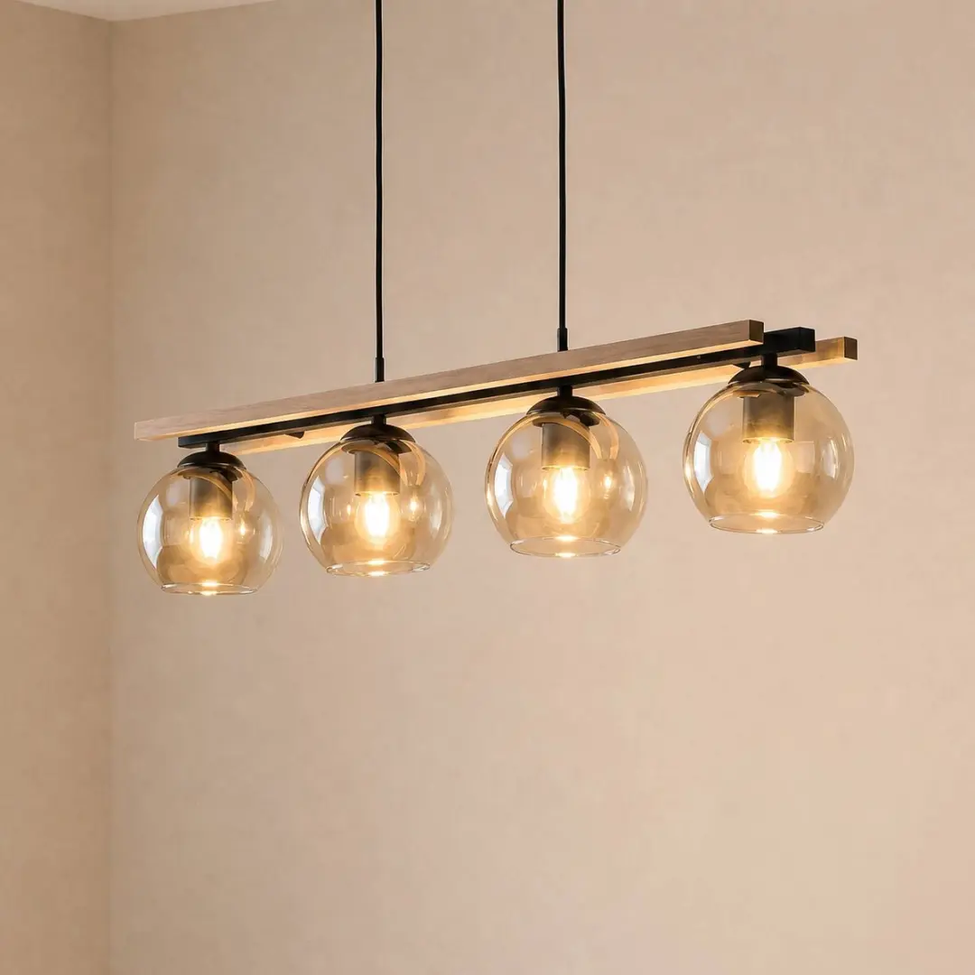 Lindby Enrique Hanglamp 4-Lichts - Glas/Metalen Hanger - Amber/Zwart/Licht Eiken