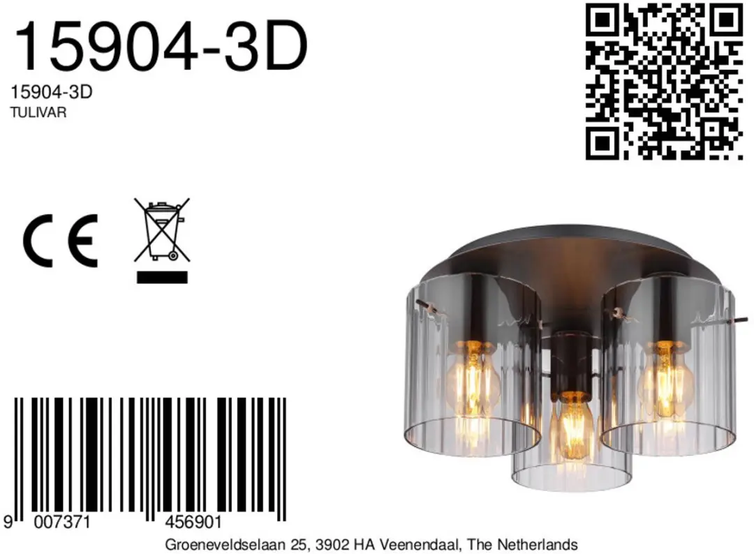Globo Plafondlamp Tulivar 37cm E27 - 3 Lichtpunten Grijs