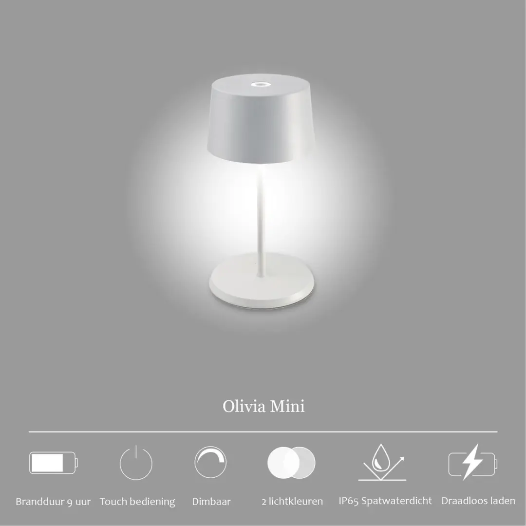 Zafferano Olivia Mini Oplaadbare LED Tafellamp - Wit - IP65 - 3000K