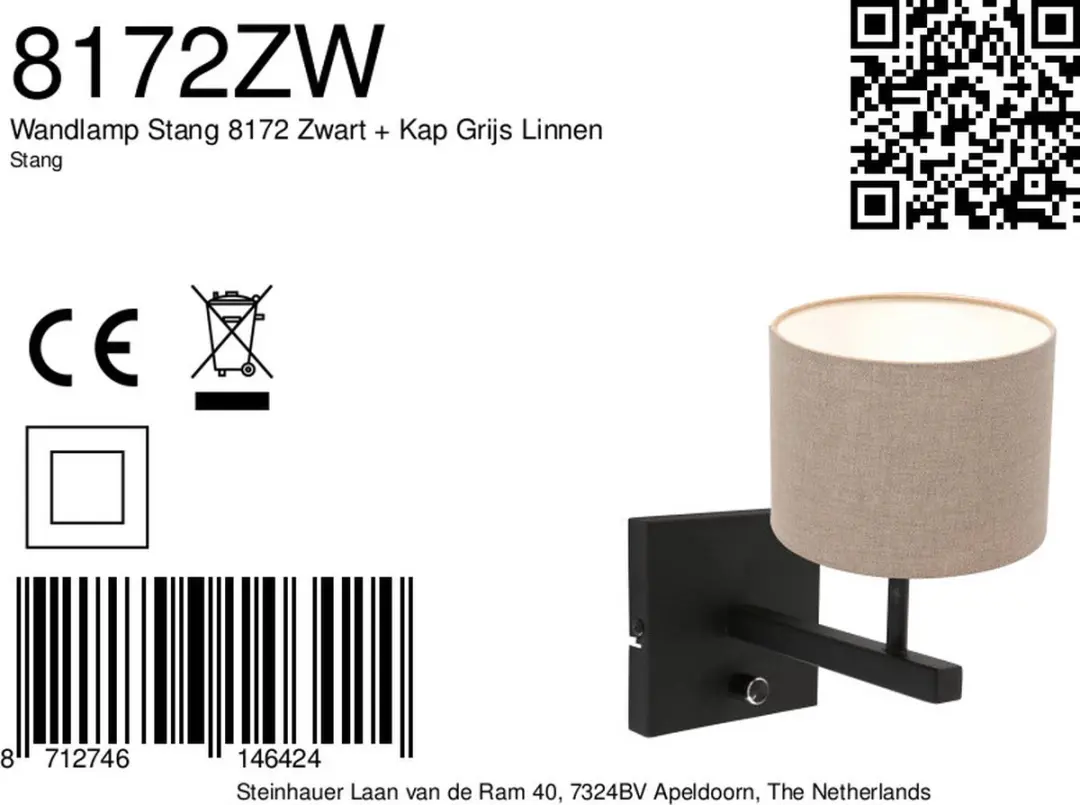 Steinhauer Wandlamp Stang 8172ZW - 1 Lichtpunt - Grijs - afbeelding 6 van 6