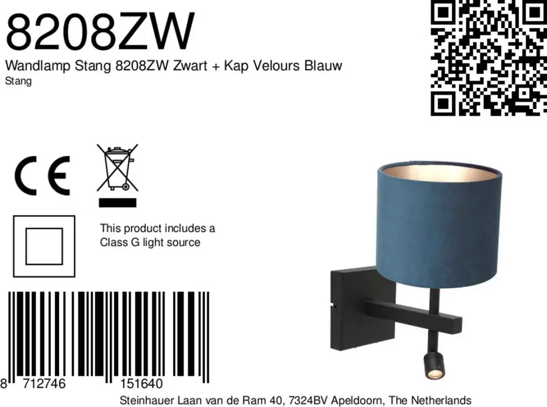 Steinhauer Stang 8208ZW Wandlamp - 2 Lichtpunten - Blauw/Zwart - afbeelding 6 van 6