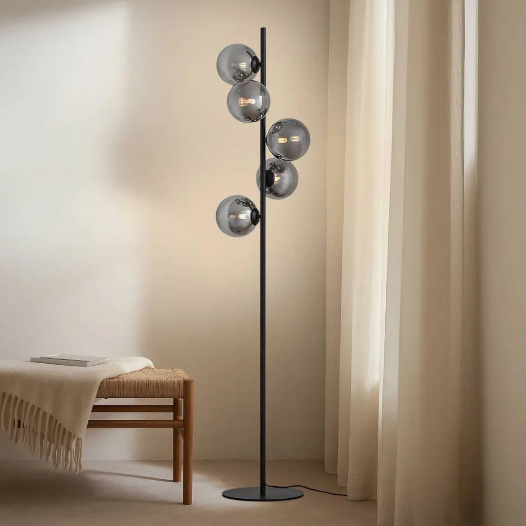 Lindby Vloerlamp 5-licht Metaal Glas - 160cm - Zwart/Rookgrijs